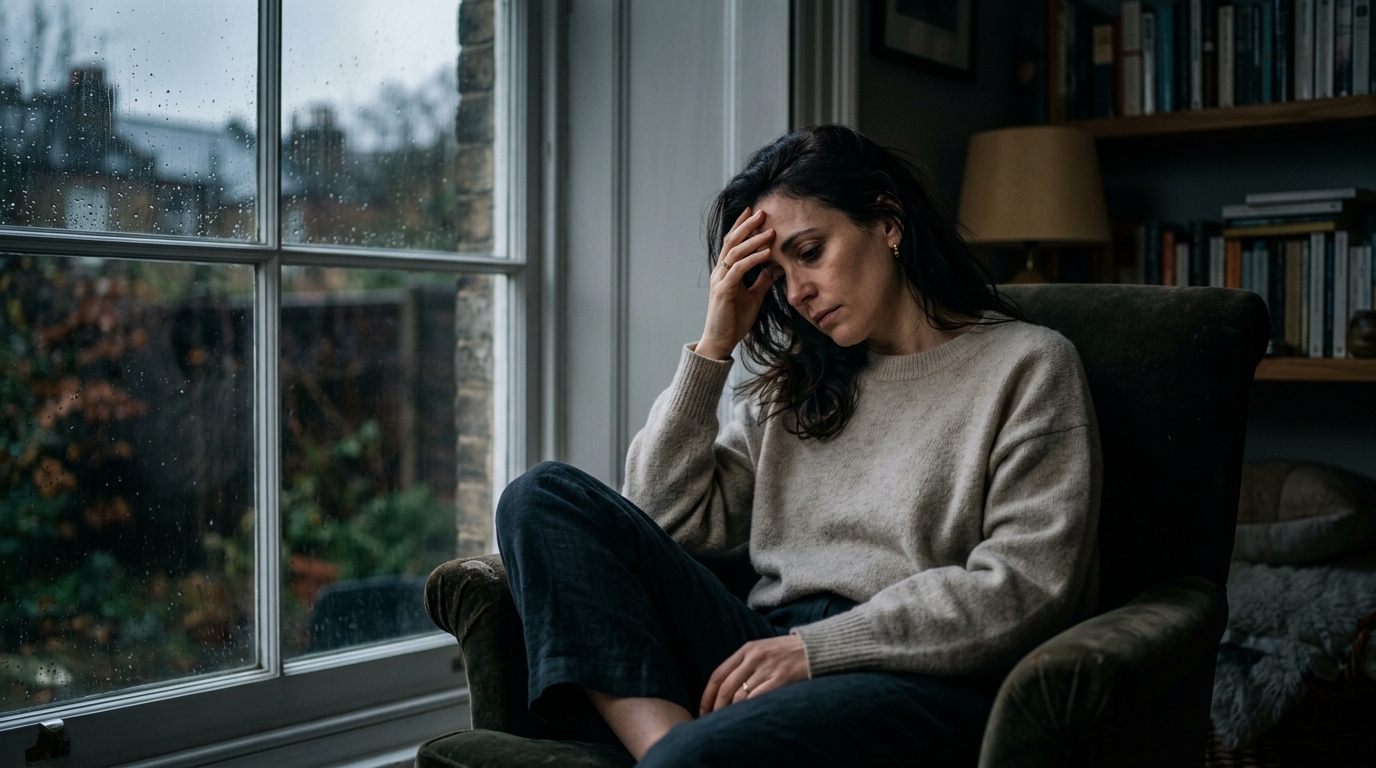 woman sitting in chair with hand to forehead looking weary