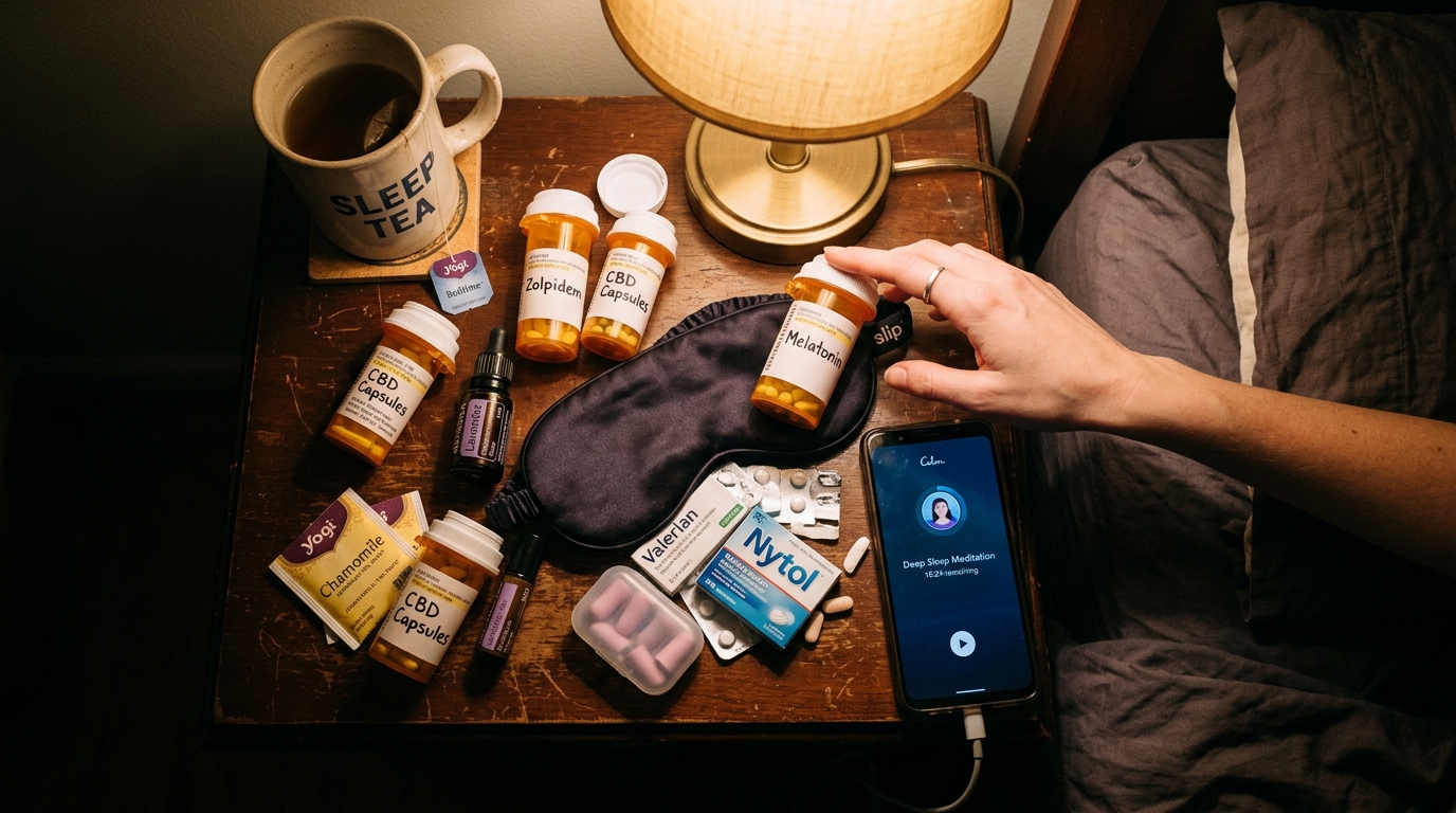 bedside table with various sleep aids and remedies scattered