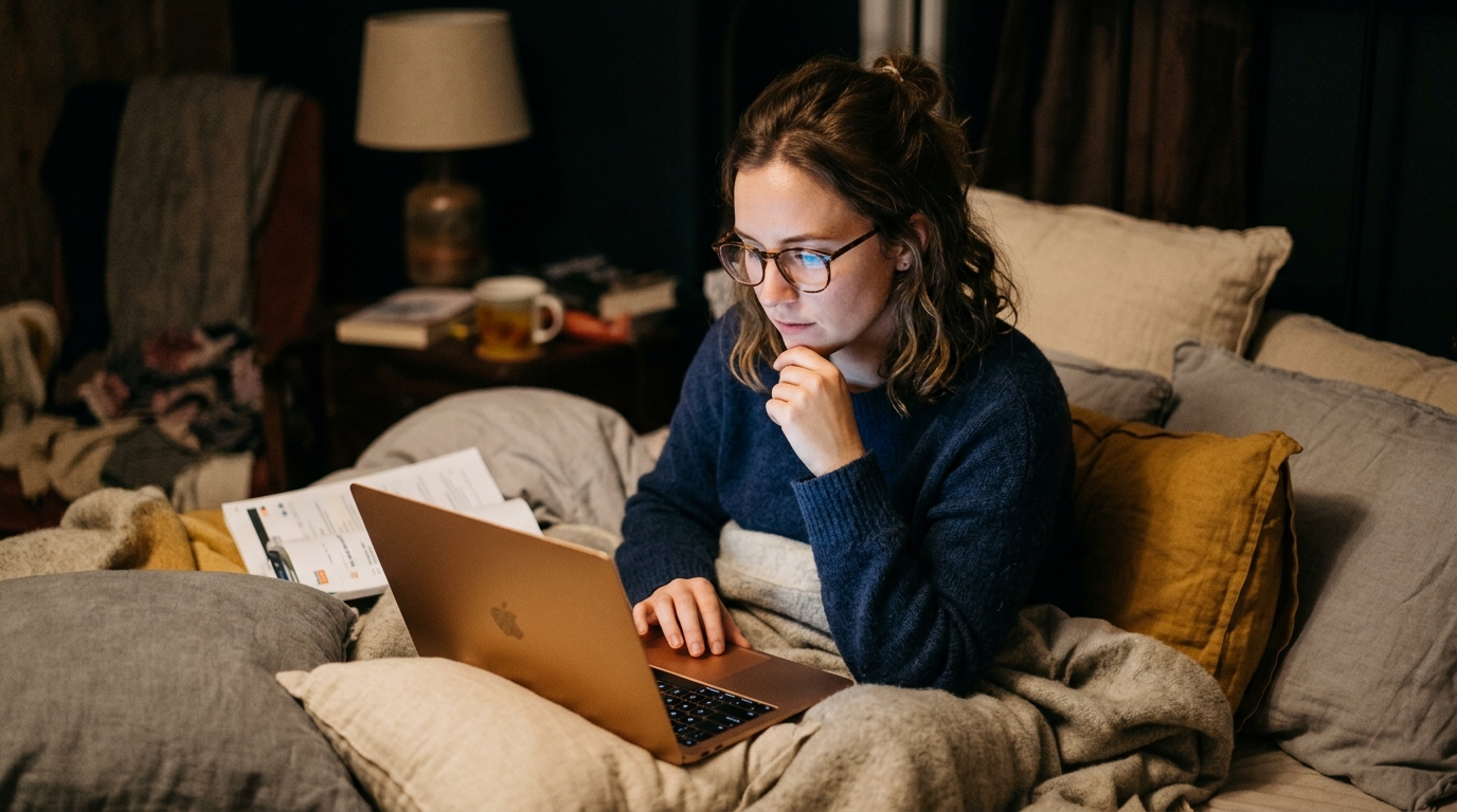 woman researching on laptop in bed at night