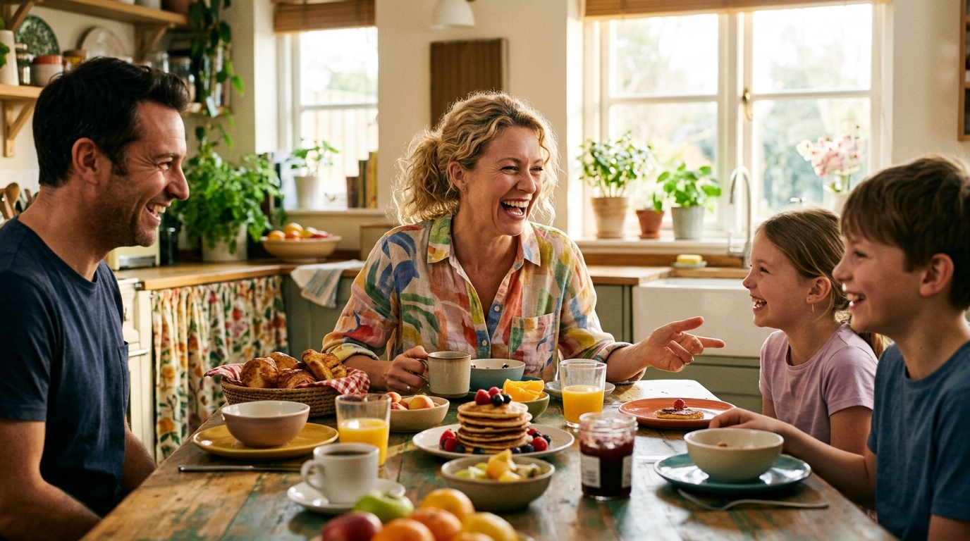 woman laughing at breakfast table with renewed energy