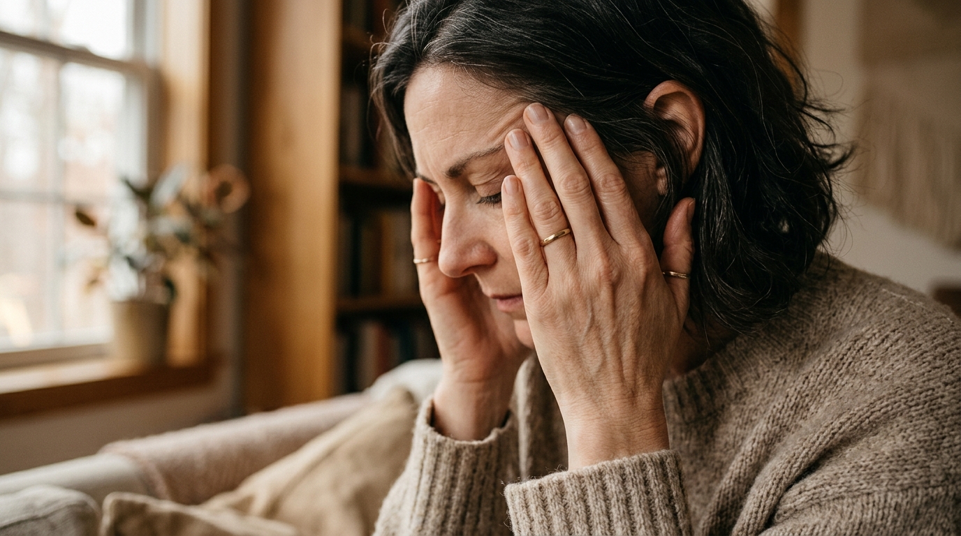 woman in thoughtful contemplative pose touching temple