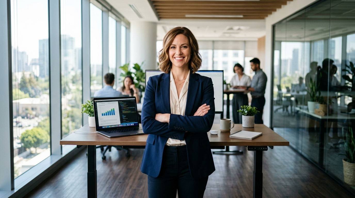 confident woman standing in bright modern office