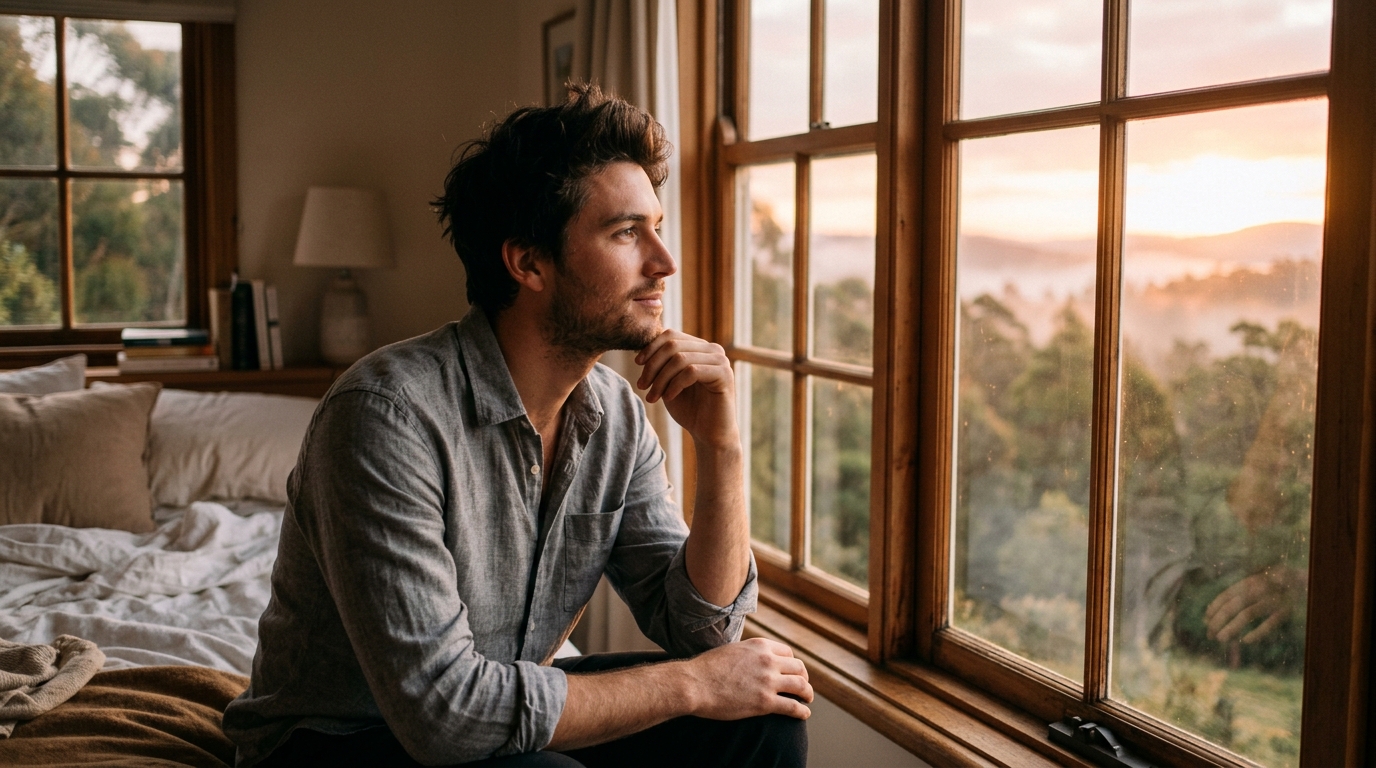 man in peaceful morning light by window
