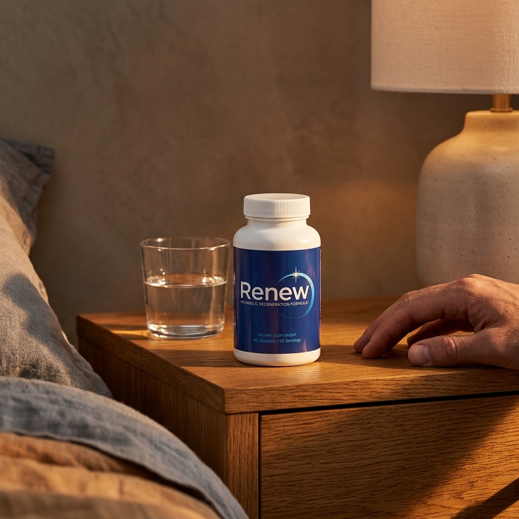 Renew supplement bottle on oak nightstand in warm evening light beside a glass of water