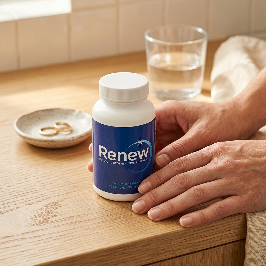 Renew supplement bottle on bathroom counter in morning light