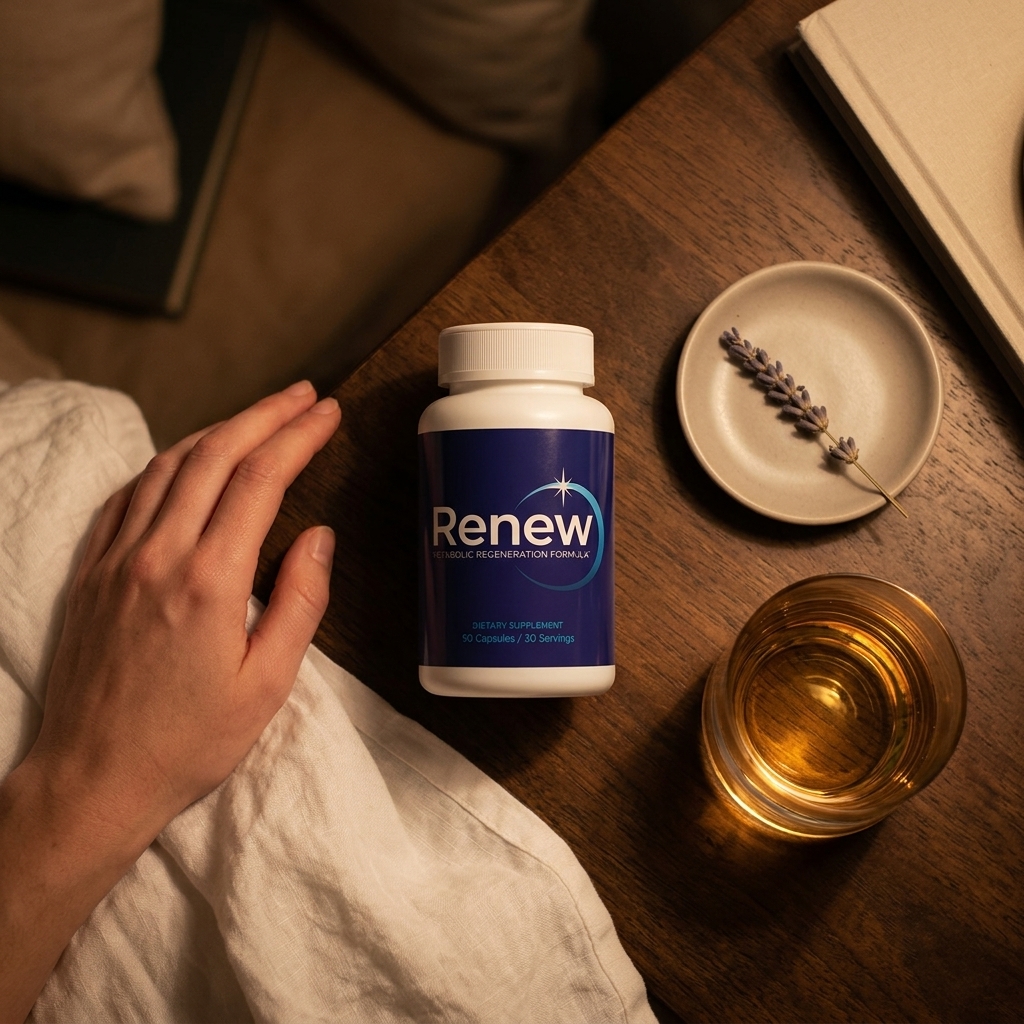 Renew bottle on warm nightstand beside resting hand