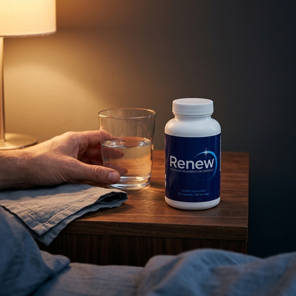 Renew supplement bottle on walnut nightstand beside water glass