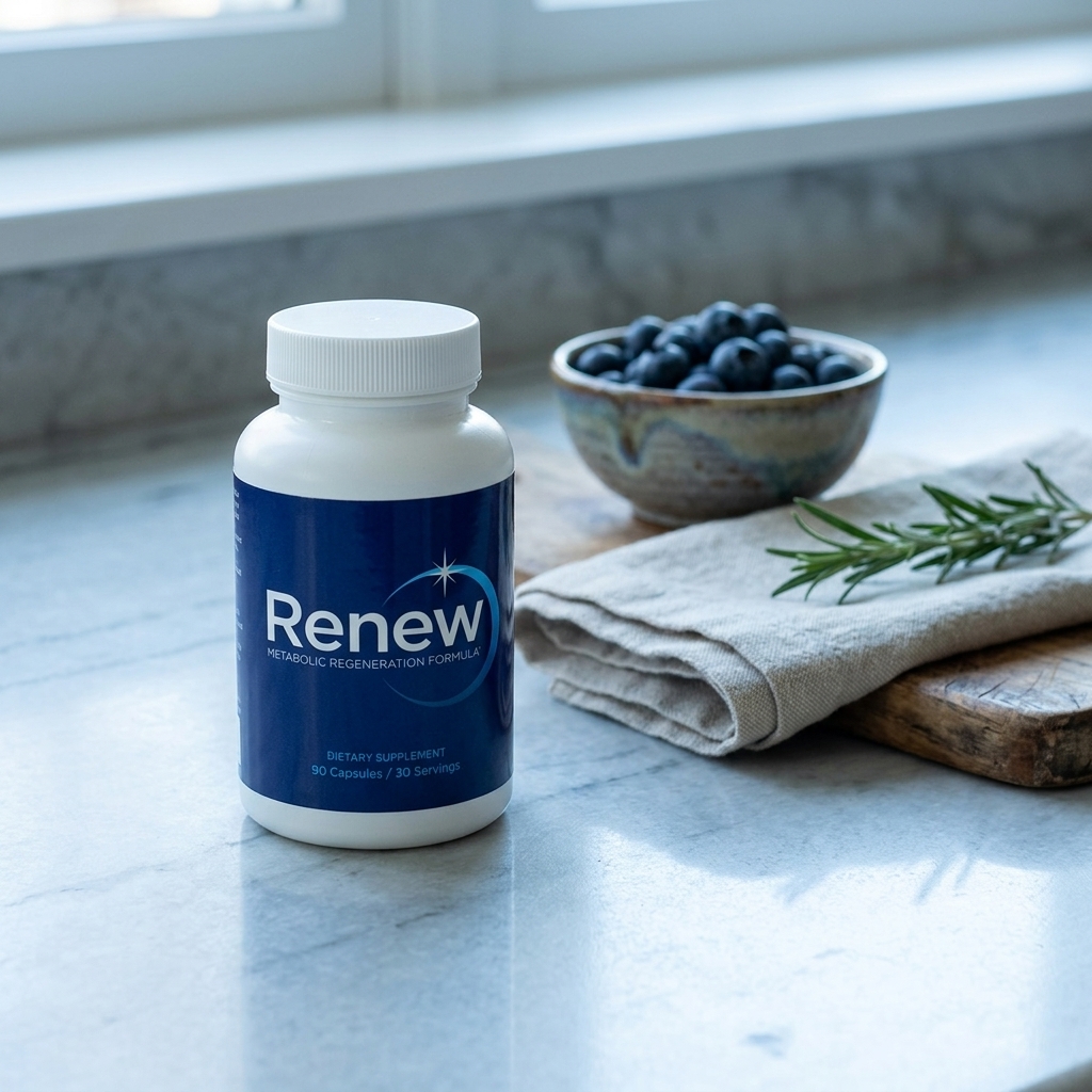 Renew supplement bottle on stone kitchen counter in early morning light with blueberries and rosemary