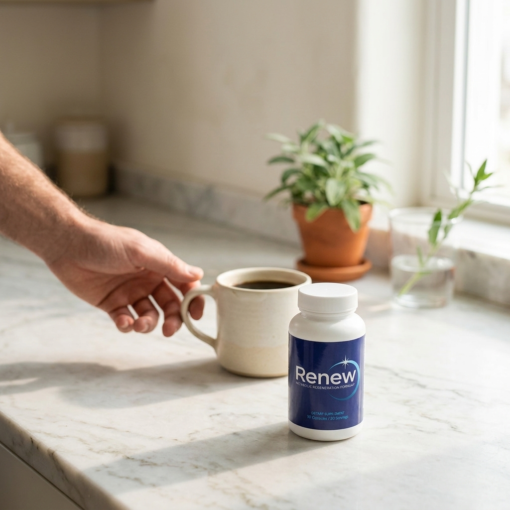 Renew bottle on marble counter in soft morning kitchen light