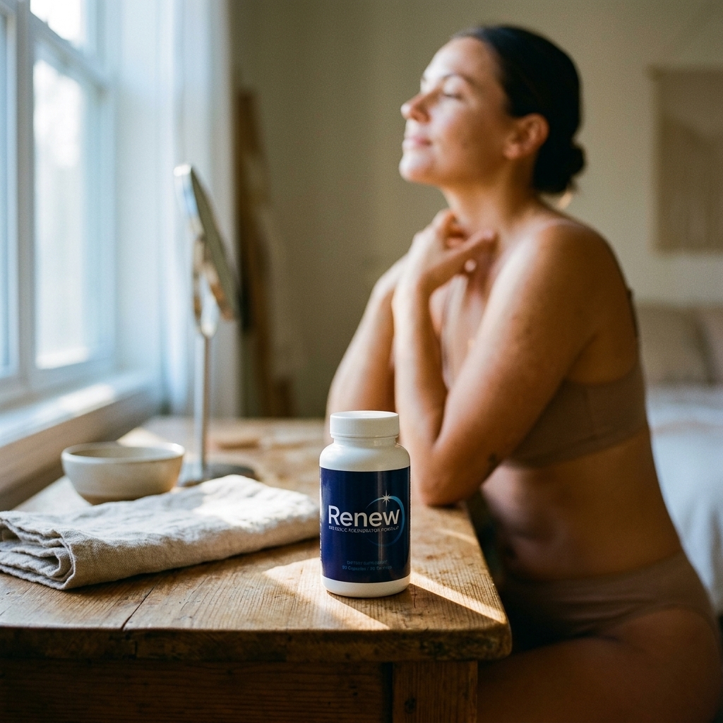 Renew bottle on vanity with woman in soft morning light