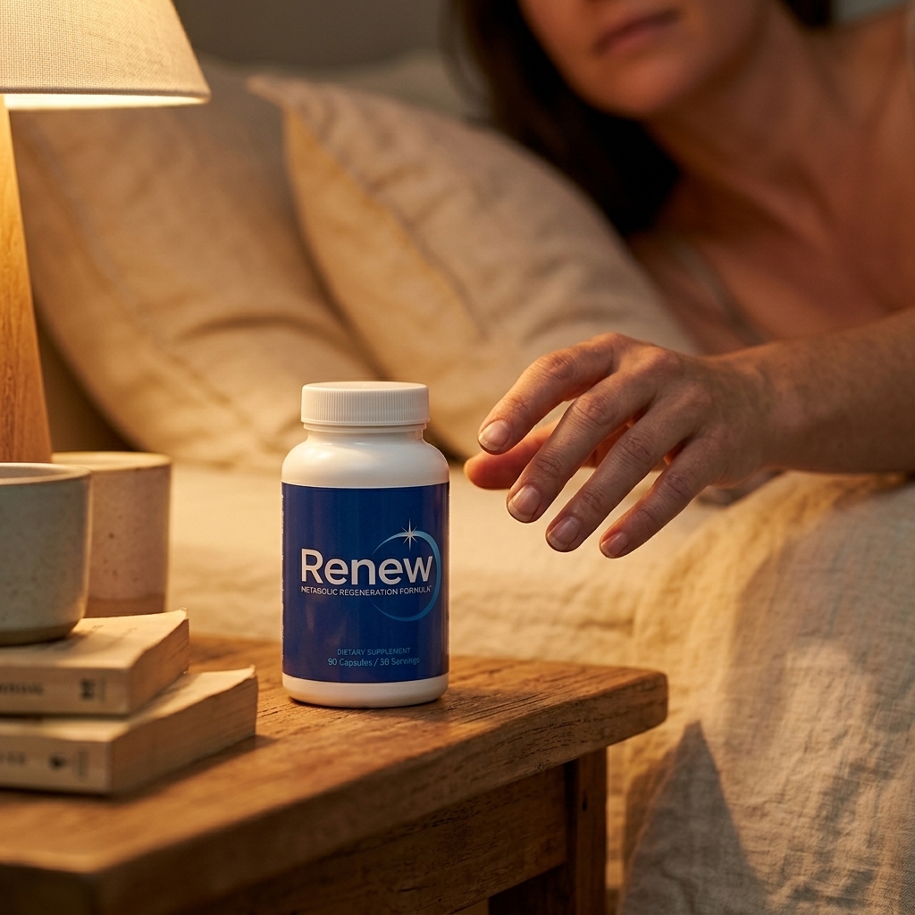 Renew supplement bottle on nightstand in warm evening light
