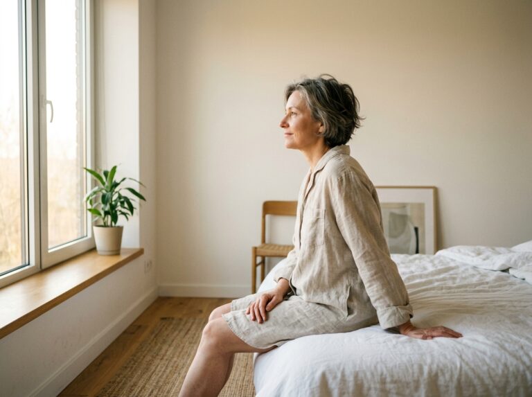 Woman sitting on bed in morning light looking toward window