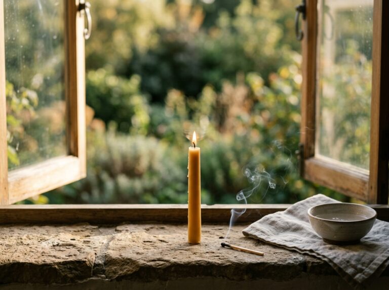 Lit candle on stone ledge beside open window at golden hour