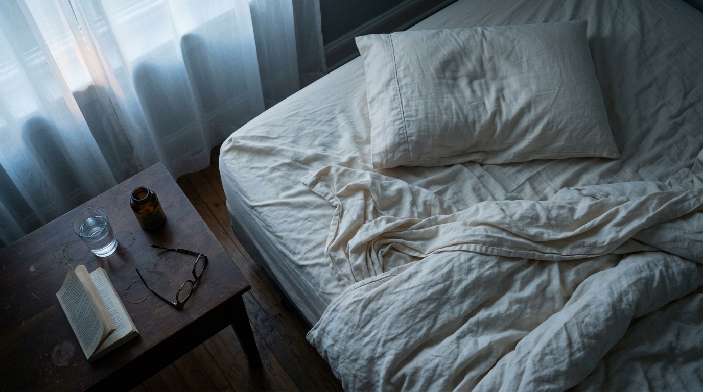 Unmade bed with water glass and supplements at dawn