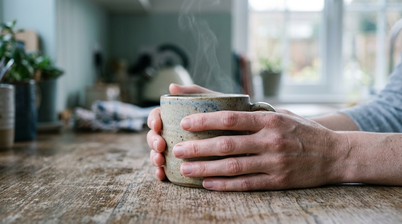 Stiff hands loosely holding ceramic mug in morning light