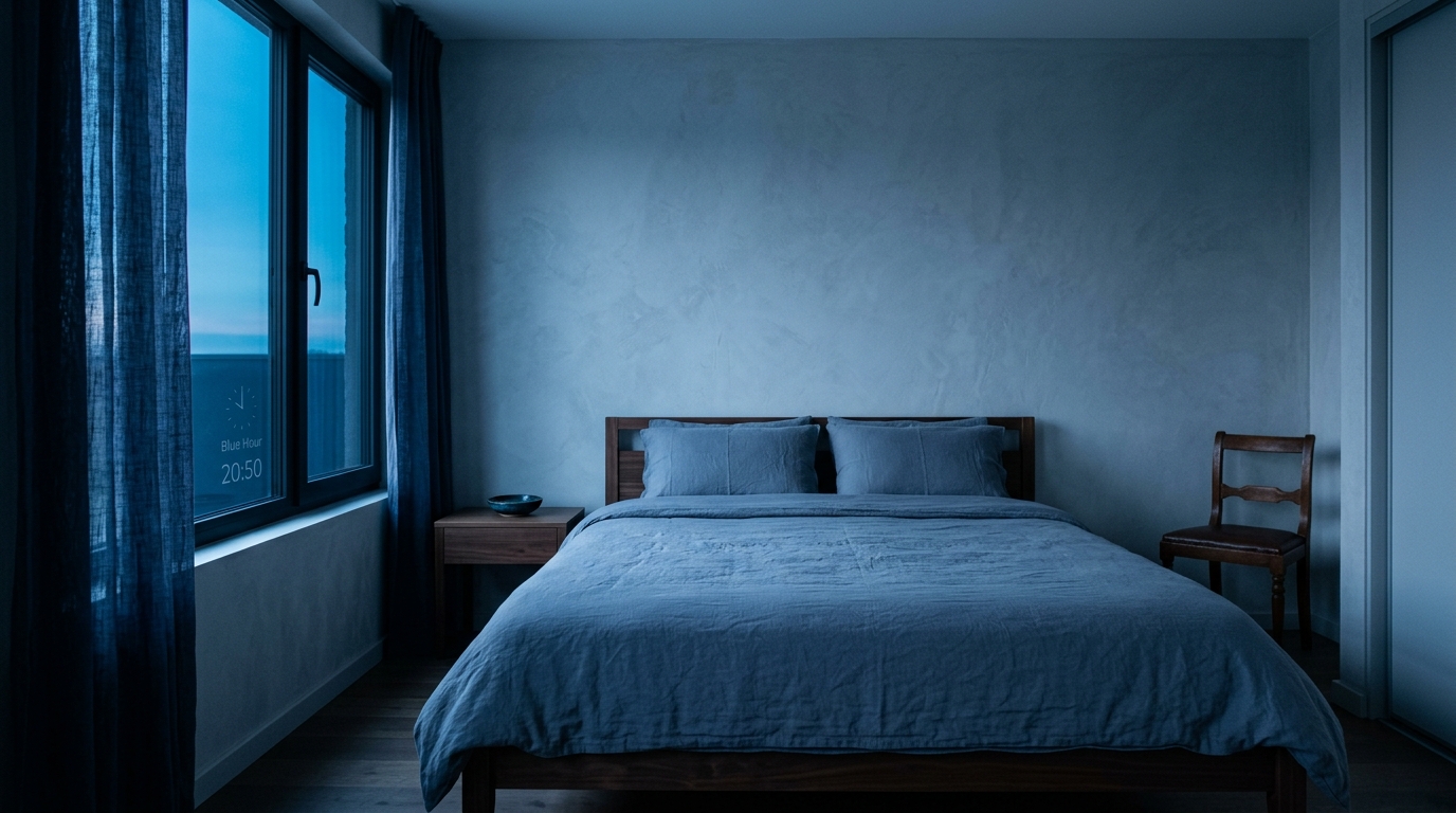 Empty bedroom in blue hour dusk light with made bed