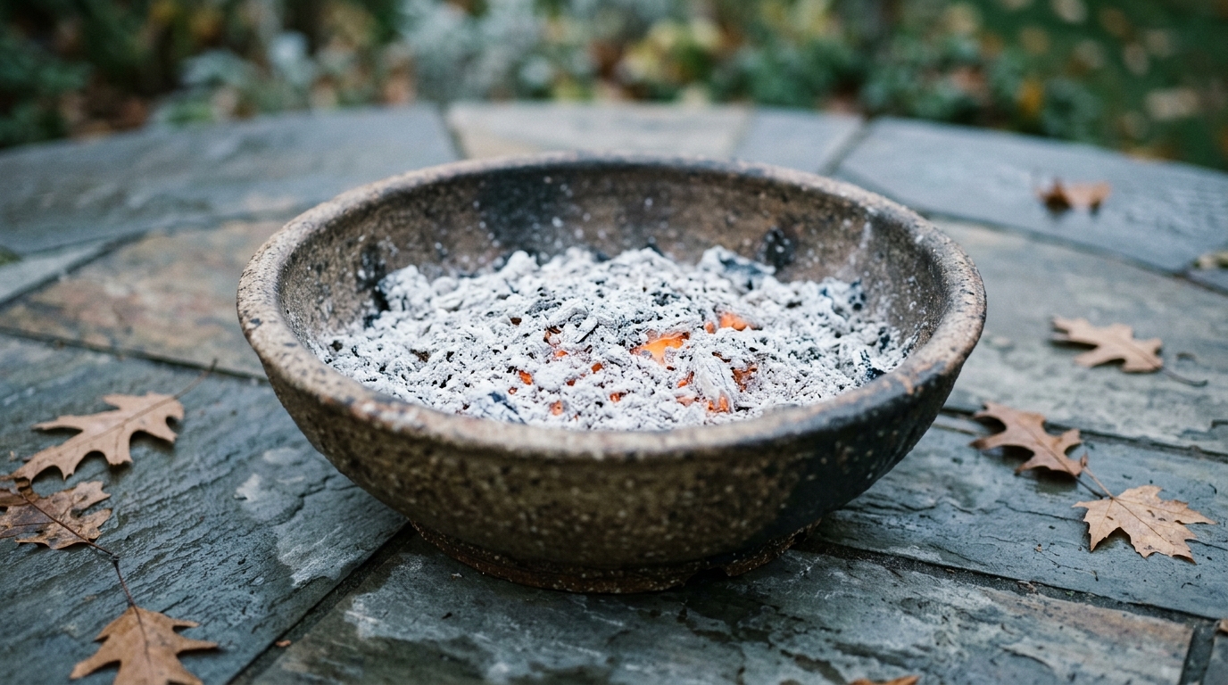 Faint embers glowing beneath ash in a ceramic fire bowl