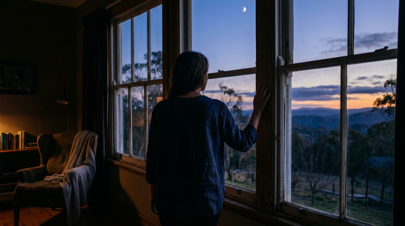 Woman silhouetted at a tall window during blue hour twilight