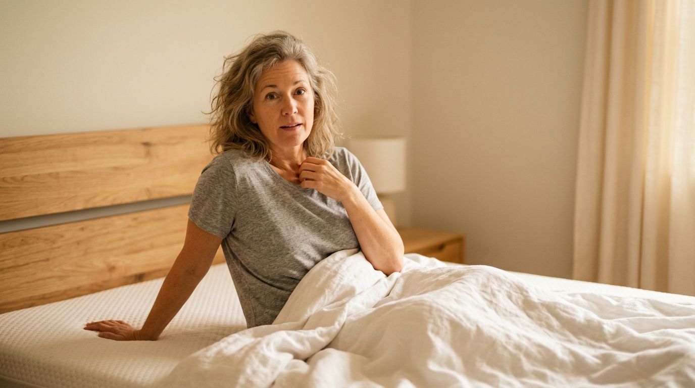 Woman sitting up in bed looking awake and clear in morning light