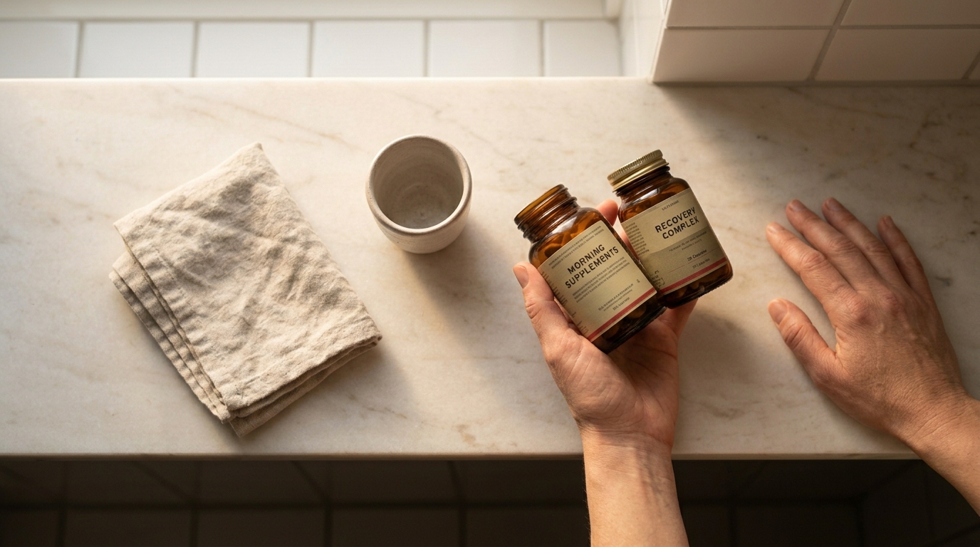 Hands clearing supplement bottles from a bathroom shelf