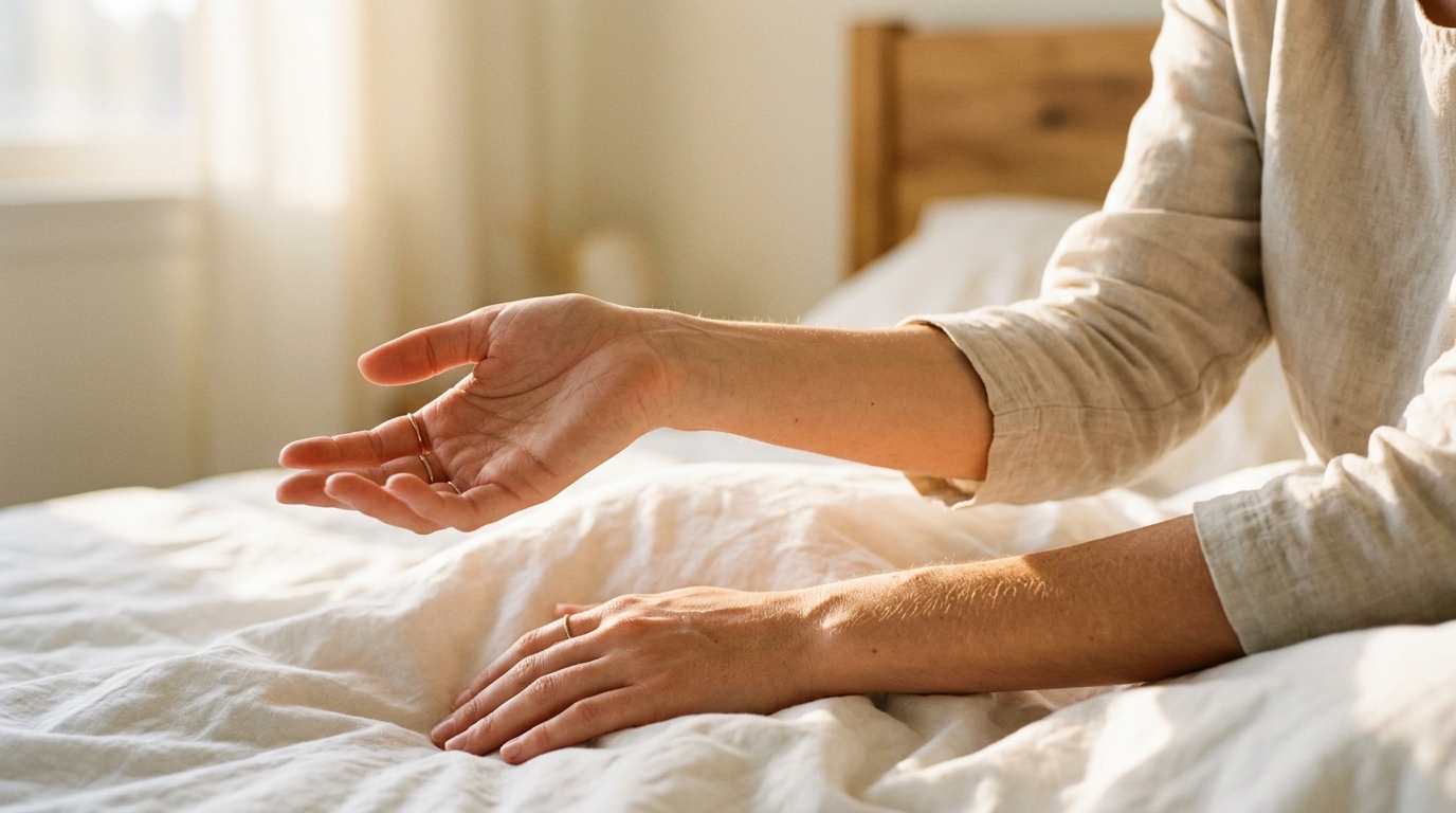 Woman's hands stretching gently in warm morning light on white linen