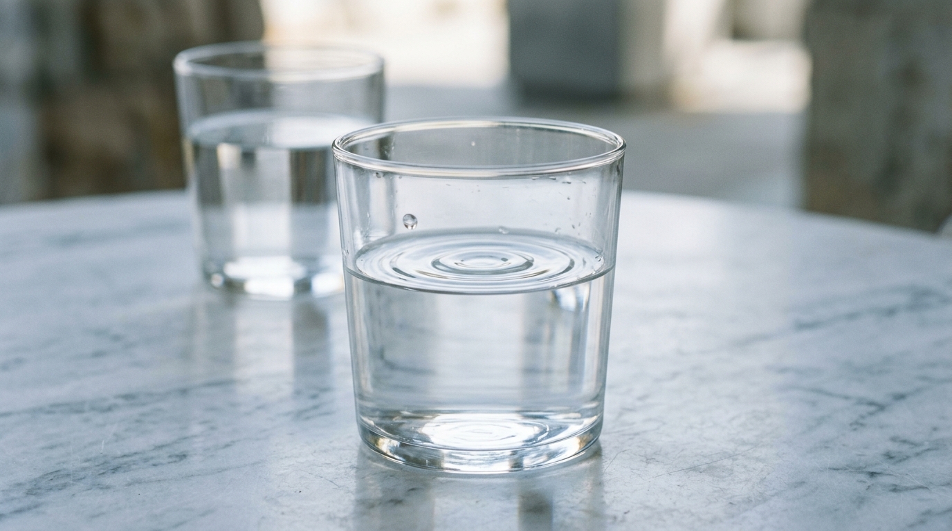 Glass of water with faint ripple beside a still glass on marble