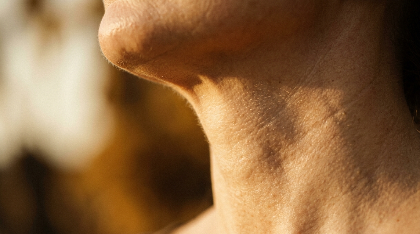 Close-up of woman's neck and jawline in golden light