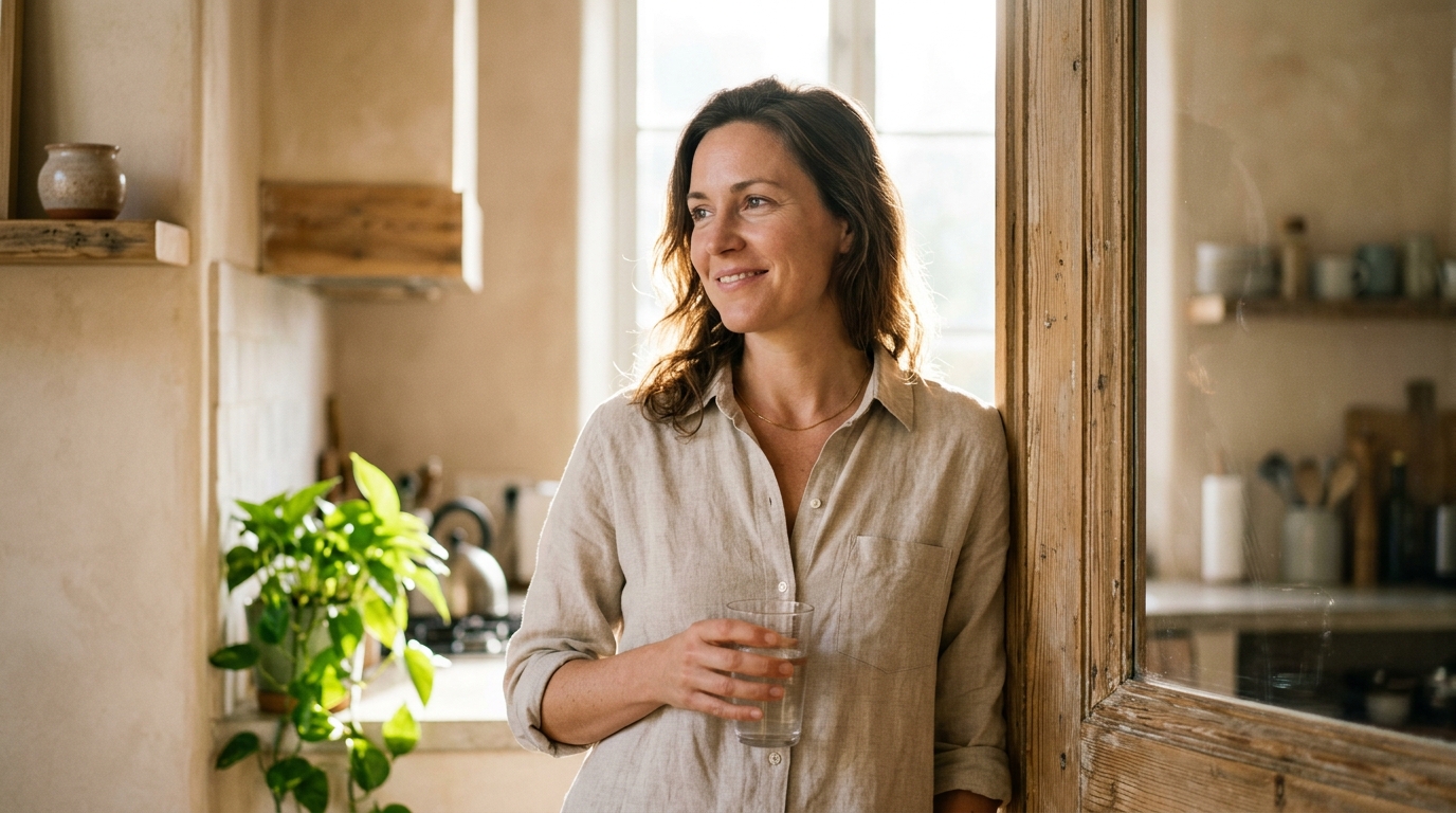 Woman leaning in sunlit kitchen doorway holding a glass of water
