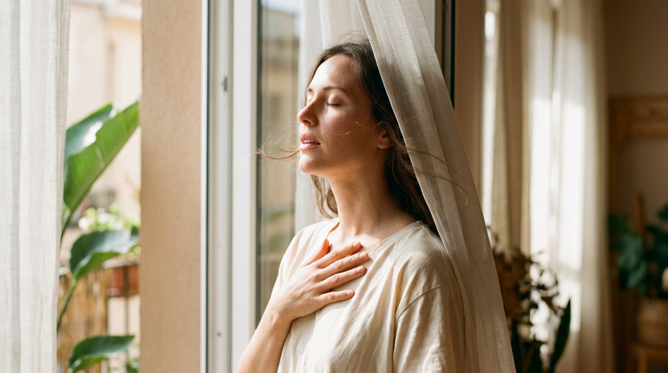 Woman with eyes closed exhaling near a sunlit open window