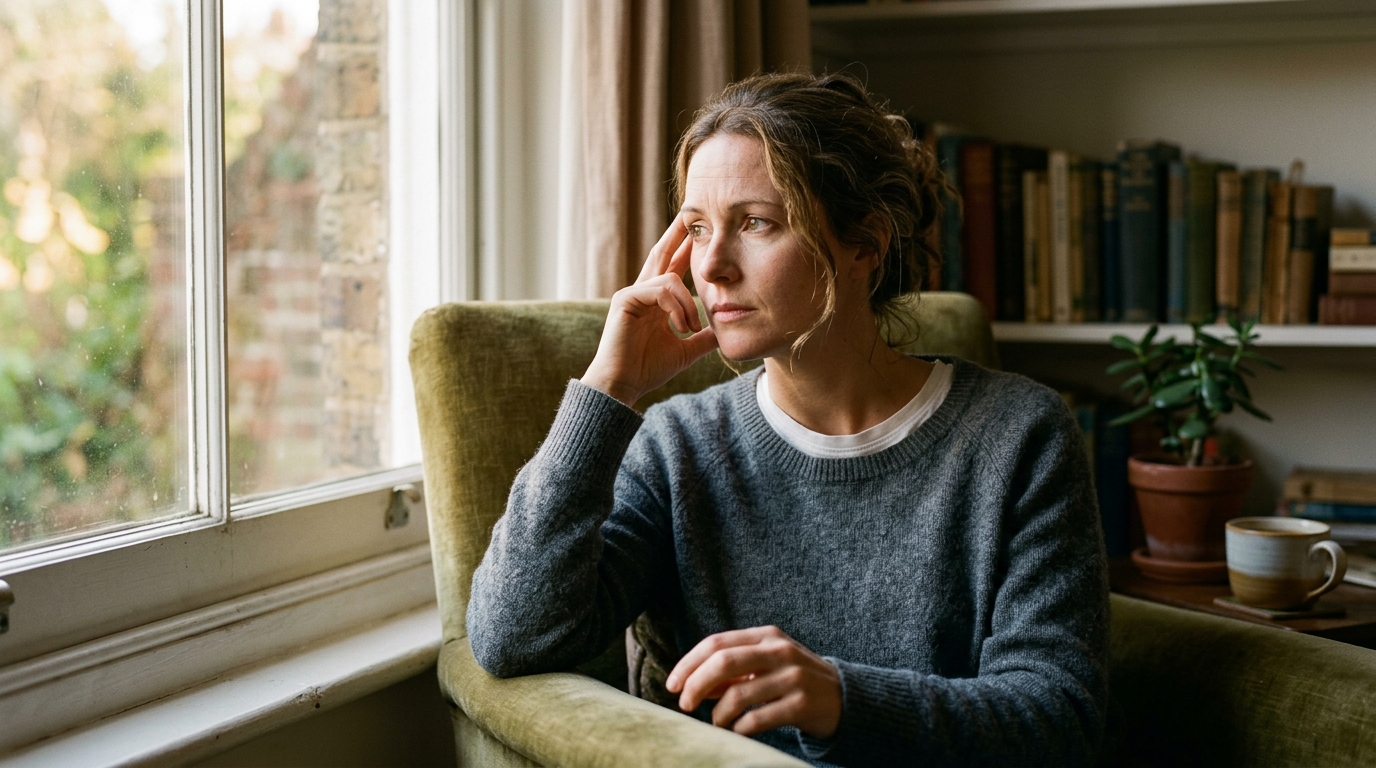 thoughtful woman sitting by window afternoon light contemplative pose