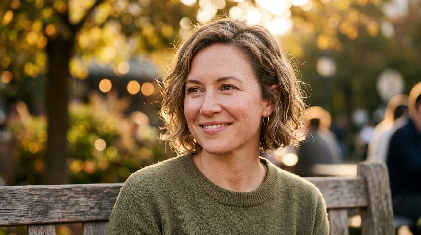 woman gentle smile natural radiance golden hour lighting refreshed