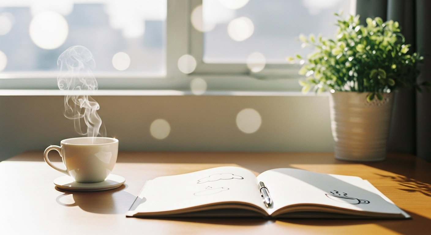 Quiet desk scene reflecting hormonal shifts and mood on “off” days.