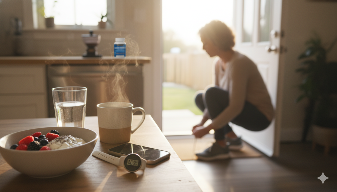 Morning routine with protein, breath timer, walk cue, and gentle brain support for hormonal shifts and mood.