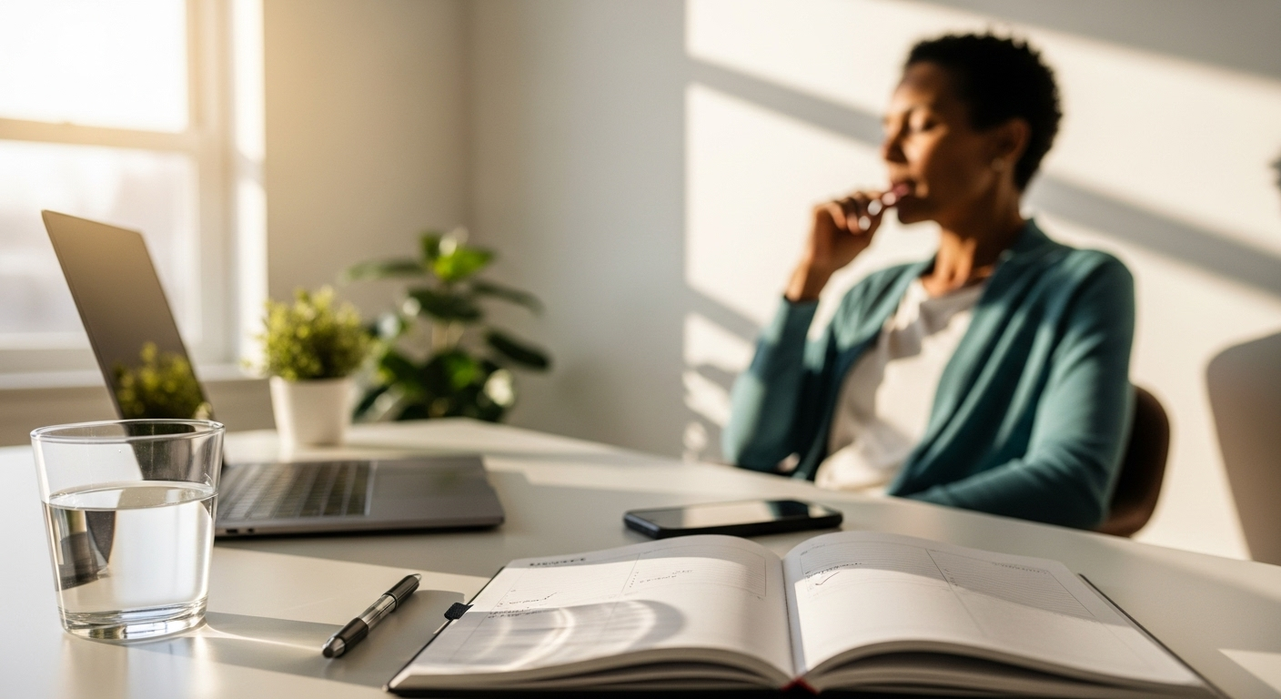 Two weeks in, calm morning desk with planner and soft light reflecting steadier mood during hormonal shifts.