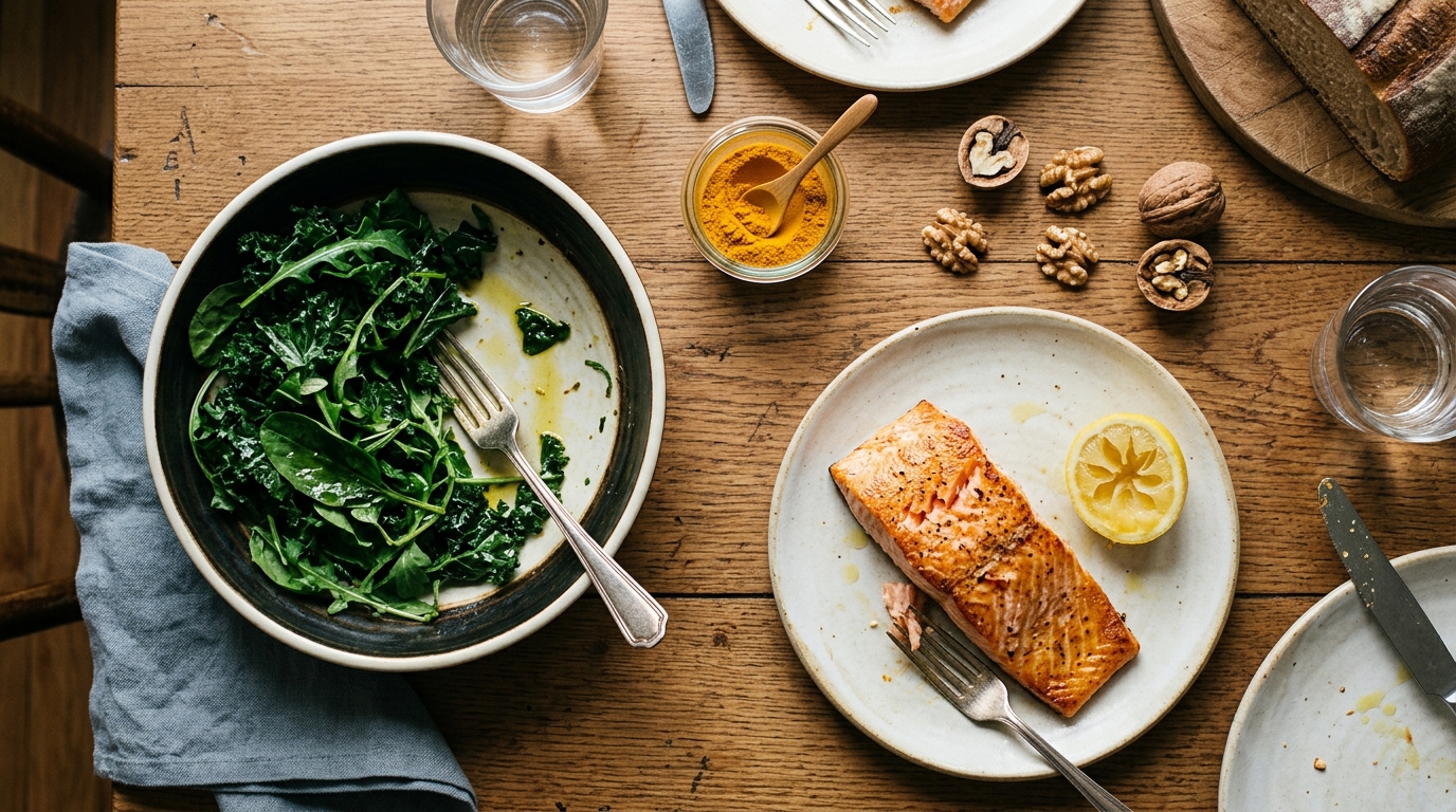 Overhead view of anti-inflammatory foods on wooden table in late morning light