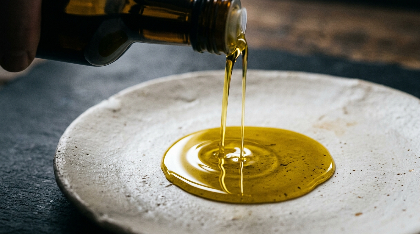 Macro shot of olive oil pooling on ceramic plate in directional light