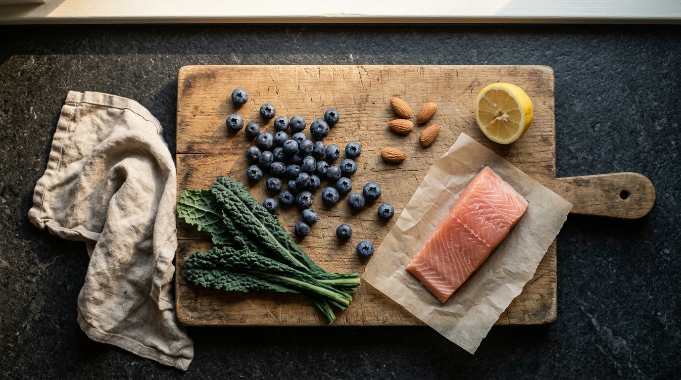 Overhead view of blueberries kale salmon and almonds on cutting board