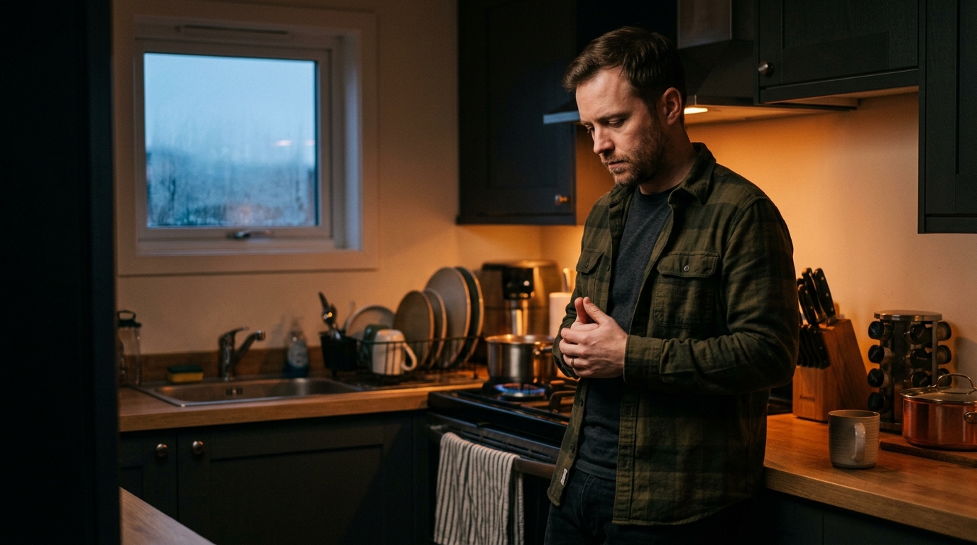 Man leaning against kitchen counter in warm evening light pressing his thumb