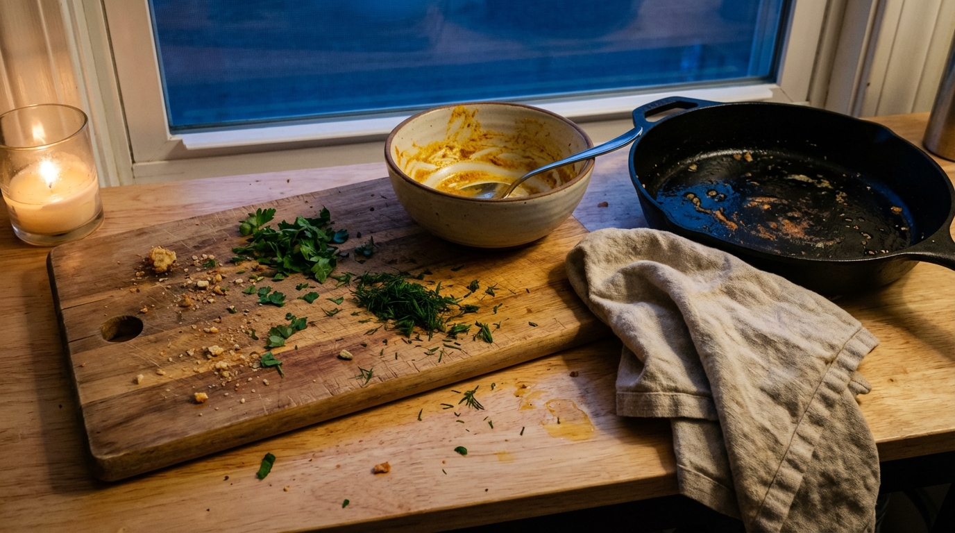 Kitchen counter at dusk with herbs and a low-burning candle