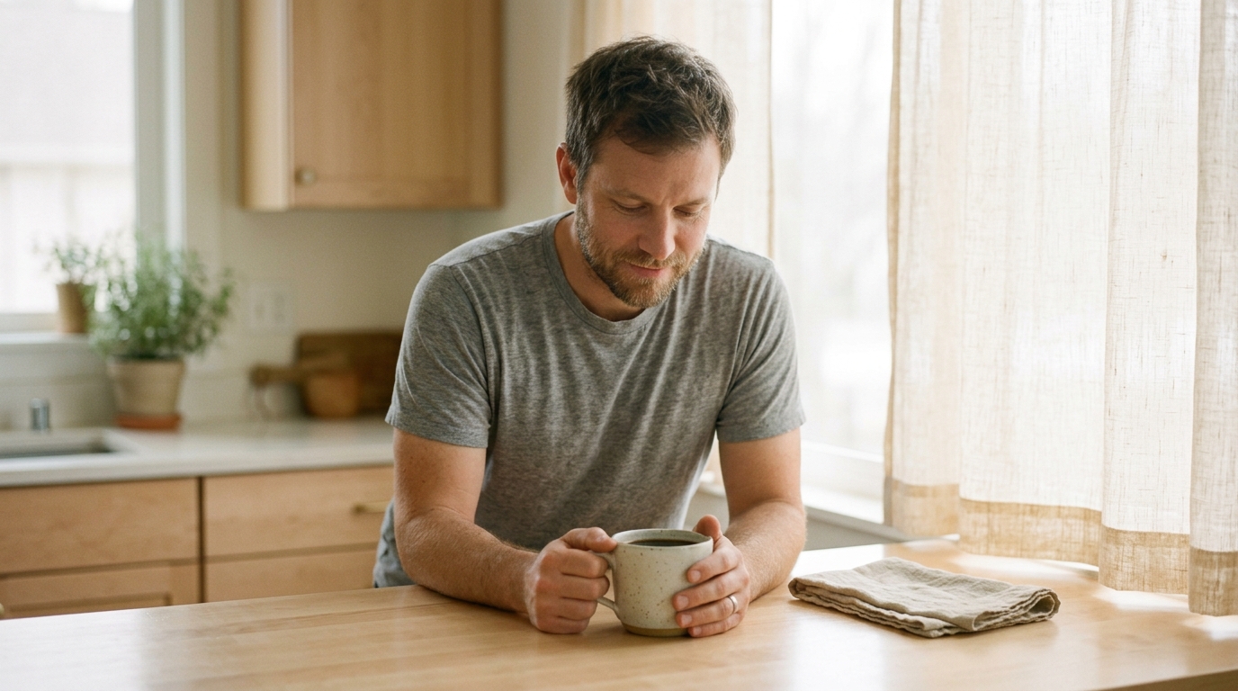 Man holding coffee mug at clean kitchen counter in late morning light