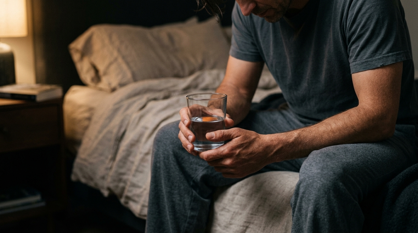Mans hands holding a glass of water at bedside in warm evening light