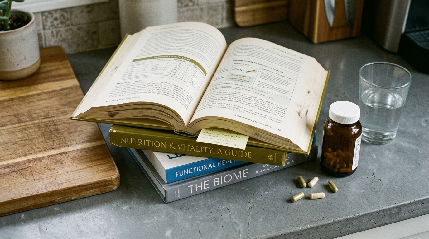 Nutrition books and loose capsules on kitchen counter in flat midday light