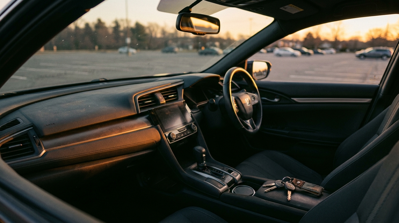 Empty car interior with late afternoon light across dashboard and keys on console