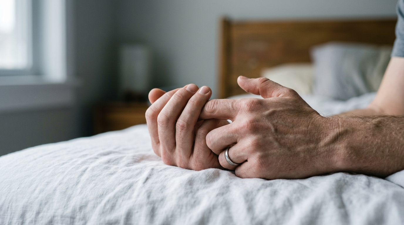 Mans hands gently flexing on white linen in overcast morning light