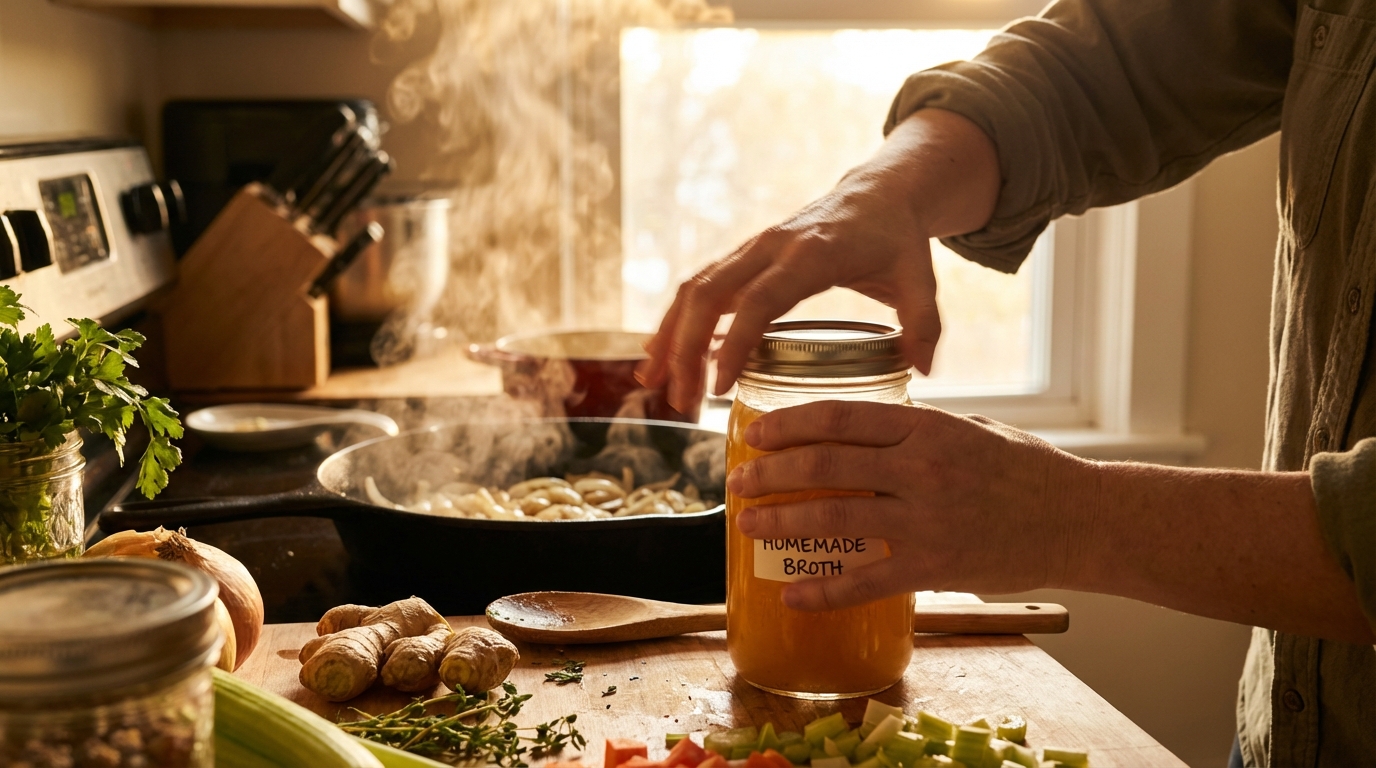 Hands effortlessly opening a jar in a busy sunlit kitchen