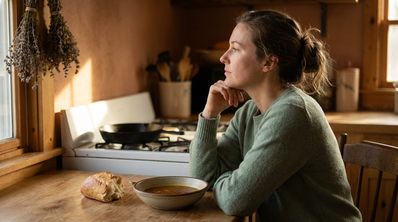 Woman pausing at kitchen table beside a bowl of soup