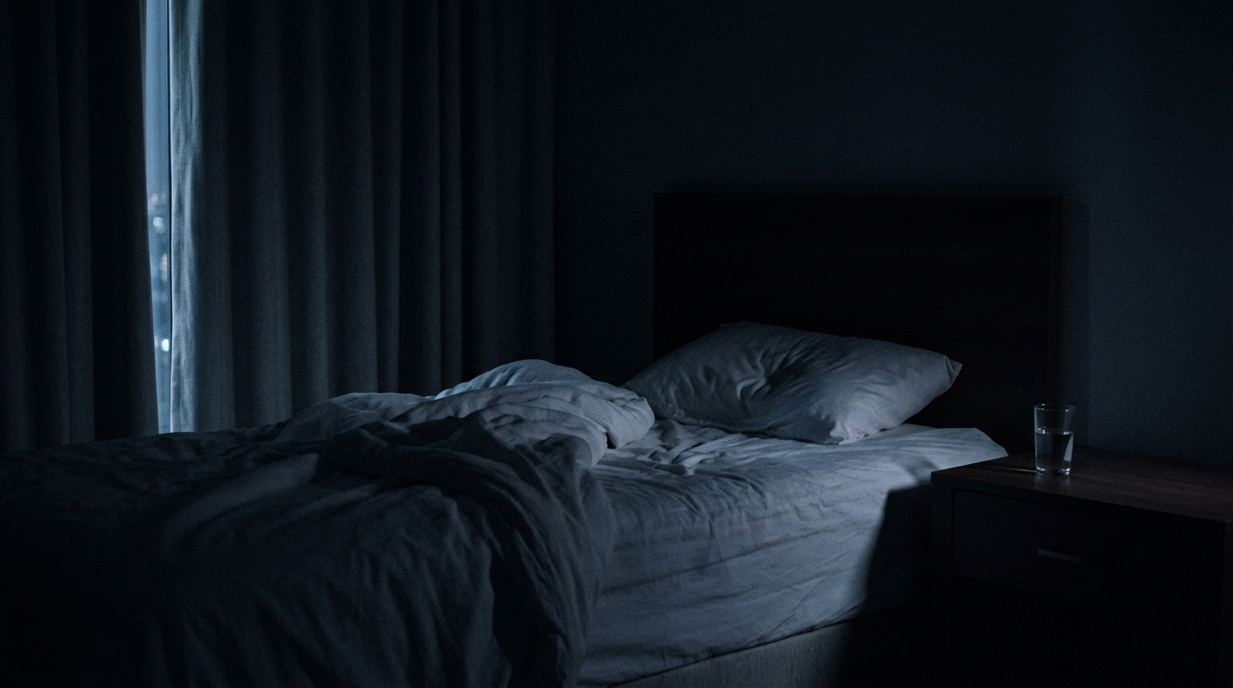 Dark bedroom with faint light on white linen sheets and water glass