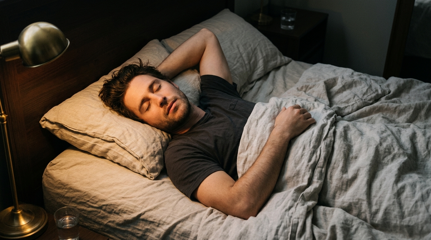 Man lying in bed drifting toward sleep in warm lamplight overhead view