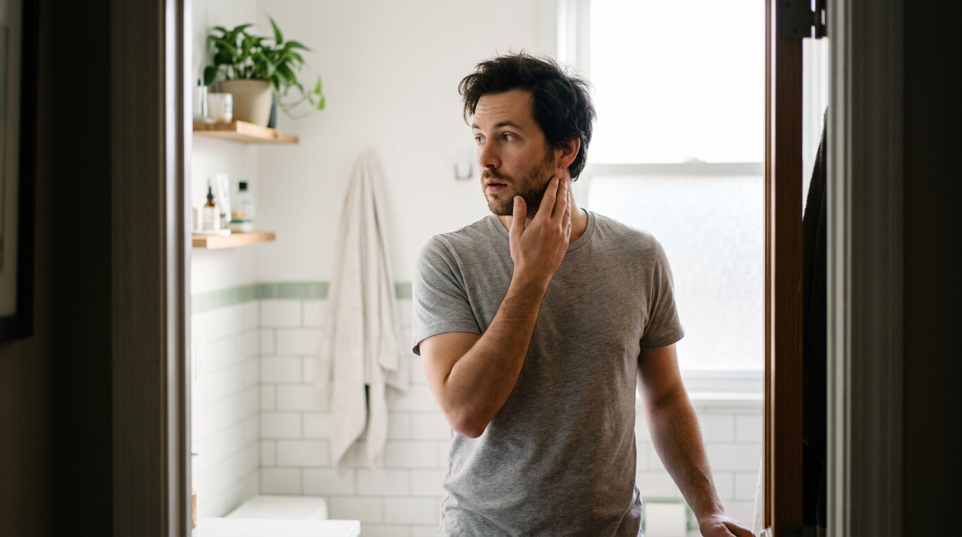 Man touching jawline in bathroom doorway morning light quiet surprise