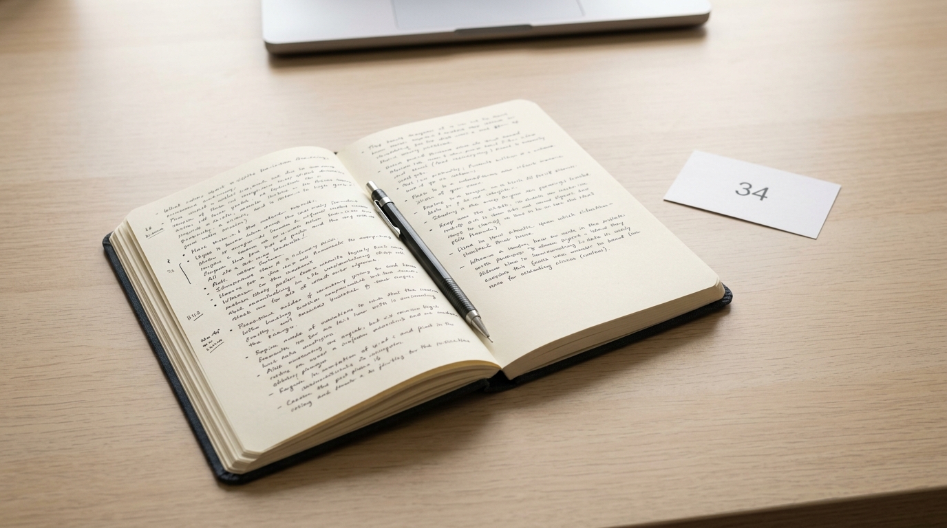 Open journal with handwritten notes and a small result card on oak desk